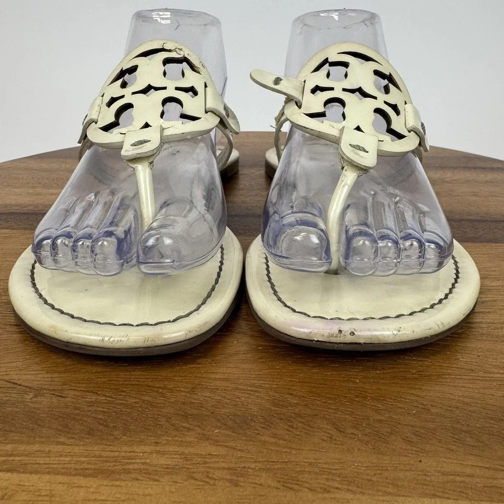 Womens Tory Burch Miller Thong Beige Leather Flip Flops Shoes Sandals Size 8.5 M